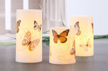 LED-Wachs-Kerzen-Set 3-tlg. mit Frühlingsdruck (Design Schmetterlinge)