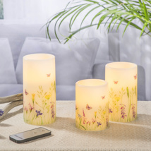 LED-Wachs-Kerzen-Set 3-tlg. mit Fernbedienung mit Frühlingsdruck (Blumen mit Schmetterling)