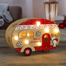 Wohnwagen aus Holz mit Weihnachtsmotiv  mit LED 