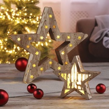wooden star, set with 2 pieces 16 warm white LED