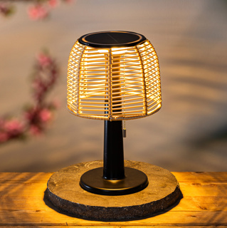LED solar table lamp with lampshade made of rattan